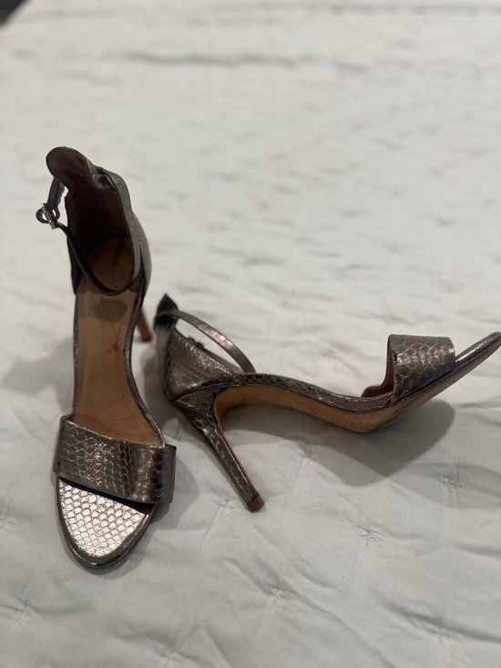 Joie Shoes - Joie Metallic Pewter Snakeskin-Texture Ankle Strap Heels